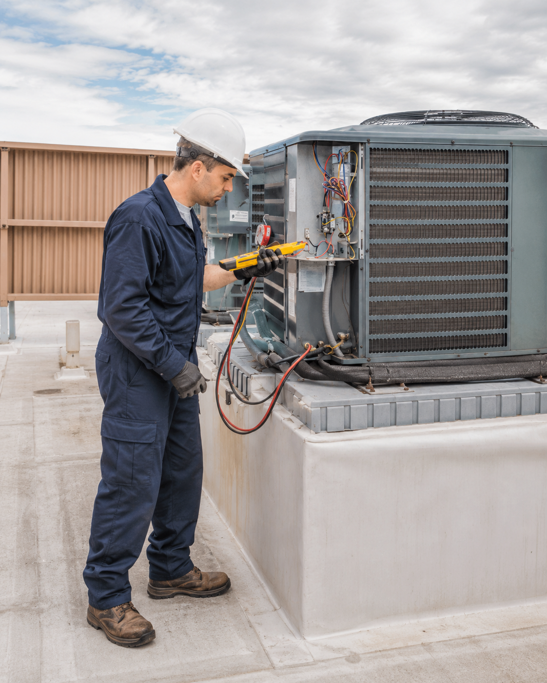 HVAC technician servicing a rooftop unit
